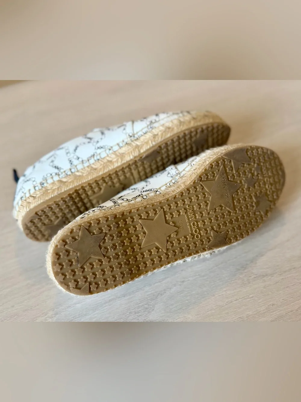 Jimmy Choo White and Black Stars Logo Espadrille Slip-Ons